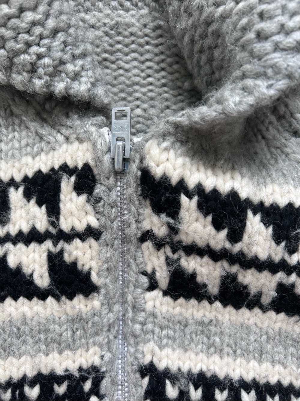 Cowichan Chunky Nordic Zip-Up Cardigan Sweater - Gray, Cream & Black - Picture 3 of 4